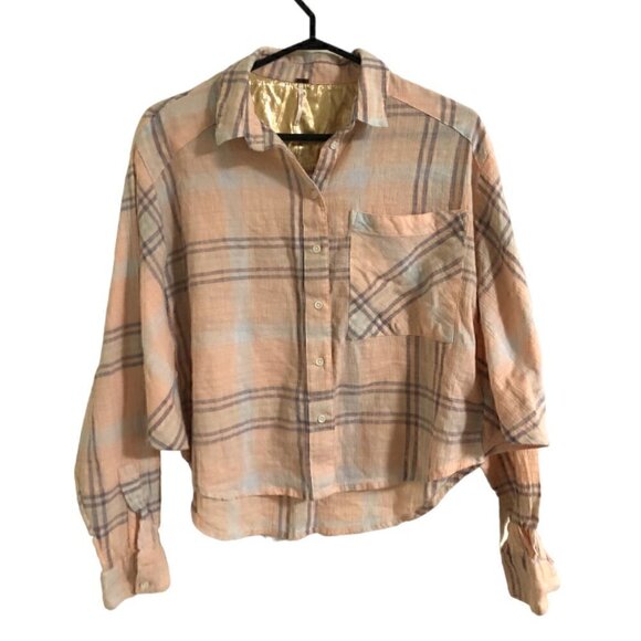 Nwot Free People Cropped Cutie Peach Plaid Button Down Shirt - Picture 2 of 5